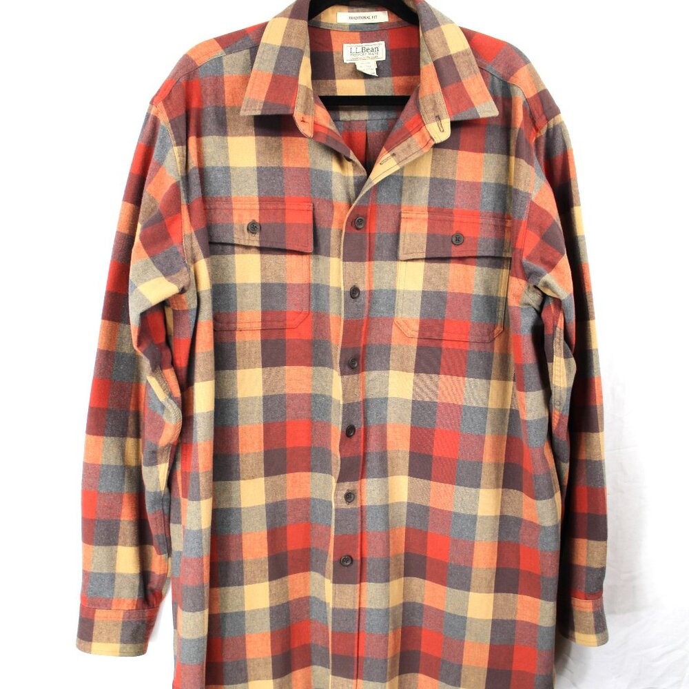 2014 L.L. Bean Apple Cinnamon Checkered Plaid Chamois Button Down Shirt XL Tall